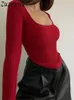 Magliette da donna Zuzanny U Neck Ribber manica lunga 2023 Autunno Donna Basic Crop Tops Red Skinny Sexy Bodycon Top Fashion Casual Jumpers