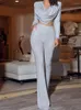 Women's Two Piece Pants Sets Womens Outifits Sparkly Long Sleeve Night Club Ruched Cropped Tops And Flare Suit Casual Street Wear