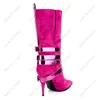 Heelslover Women Winter Mid Calf Boots Thin Heels Buckle Strap Pointed Toe Beautiful Fuchsia Club Shoes Ladies US Size 5-13