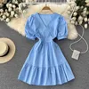 Casual Dresses Women Solid Korean Dress Puff Sleeve V Neck A-Line Elegant Office Lady Summer Streetwear Short SundressCasual