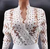 Women's Jumpsuits & Rompers Lace Crochet Patchwork Loose Jumpsuit Solid White Women Sexy V Neck 3/4 Sleeve High Waist Skinny Back Zipper Wid