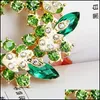 Broches de alfileres 2 pulgadas chapado en oro verde y lima corona de cristal de diamantes de imitación broche de flores C3 joyería de entrega de gota Dh9Td