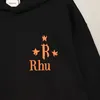 QTGN 2023 Nya herrtröjor Sweatshirts Nordamerikanska High Street Brand Rhude Autumn Winter Fashion Design Sense Minority Rib Sticke Cotton Black Hoodie