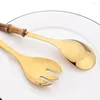 Dinnerware Sets 6Pcs Wooden Handle Large Serving Salad Spork Set Stainless Steel Tableware Long Fork Spoon Gold Silver Cutlery