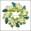 Broches de alfileres 2 pulgadas chapado en oro verde y lima corona de cristal de diamantes de imitación broche de flores C3 joyería de entrega de gota Dh9Td
