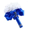 Flores decorativas lindas rosas brancas rosas pérolas dama de honra roxa azul de casamento de casamento de casamento de noiva decoração de seda artificial