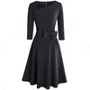 Casual Dresses Women Vintage Elegant 3/4 Sleeve Irregular Neckline Lace Up Bow Swing A-Line Dress 1HA230