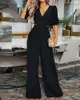 Kvinnors tvåbitar byxor 2023 Kvinnor Jumpsuit Fashion V Neck Lång ärm LAPEL SOLID FÄRG LACE UP Nippad midja Casual Loose Wide Ben Romper