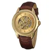 Wristwatches Men Watches Top Luxury Roman Numerals Gold Case Leather Strap Automatic Mechanical Skeleton Dress Wrist Watch