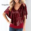 Camicette da donna Top estivo con paillettes glitterate Abbigliamento casual da donna con scollo a V Manica corta Patchwork Primavera Camicia con spalle scoperte Camicetta Shi