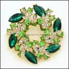 Broches de alfileres 2 pulgadas chapado en oro verde y lima corona de cristal de diamantes de imitación broche de flores C3 joyería de entrega de gota Dh9Td