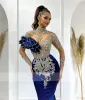 Vestidos de festa ￠ noite da sereia azul royal 2023 Cristais Rhinestones Ilus￣o Mangas de luxo Vestido de bail