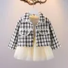 Robes fille 1-4 ans doux deux pièces jupe en gaze à manches longues bébé robe manteau à carreaux costume printemps et automne vêtements pour enfants