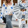 Women's Sweaters V-Neck Ripped Pullover Long Sleeve Crop Top Butterfly Knit Jumper Loose Knitted Sweater