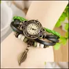 Charm Bracelets Fashion Women S Bracelet Watches Braided Leather Mti Layer Bronze Leaf Wrist For Ladies Round Case Quartz Drop Deliv Otyil