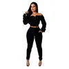 Women's Two Piece Pants 2023 Multi-Color Sweater Off-Neck Long Sleeve Top Elastic Pure Color Fashion Casual Set Women
