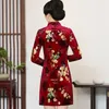 Ethnic Clothing 2023 Chinese Improved Velvet Qipao Traditional Cheongsam Vintage Flower Print Evening Party Dress Oriental Vestidos