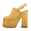 Heelslover Women Spring Pump Faux Leather Buckle Strap Block Heel Round Toe Pretty Yellow Party Shoes Ladies Us Size 5-13
