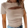 Women's T Shirts Summer Cut Out Knit Rib Solid Ladies Tshirt O-neck Hollow Slim Oversized 3XL Women's T-shirts 2023 Fashion Casual