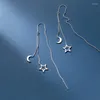 Dingle örhängen verkliga. 925 Sterling Silver Pull Through Brushed Moon Star Ear Line Piercing Threader Chain Tassel Long C-G9951