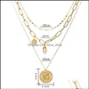 Sautoirs Vintage Bohême Or Pièce Lettre Couches Chaîne Collier Ras Du Cou Pour Femmes Shell Perle Lune Long Collier Pendentif Papillon Goutte Otzdy