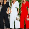 Kvinnors tvåbitar byxor 2023 Kvinnor Jumpsuit Fashion V Neck Lång ärm LAPEL SOLID FÄRG LACE UP Nippad midja Casual Loose Wide Ben Romper