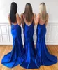 2023 Royal Blue Mermaid Bridesmaid Dresses Sexy Backless Spaghetti Straps Satin Floor Length Ruched Sleeveless Custom Made Plus Size Maid of Honor Gowns