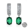 Dos Boucles D'oreilles Réel 925 Sterling Sliver Dangle Drop Créé Russe Nano Emerald Vintage Clip Pour Femmes Cadeaux Fine Jewelry