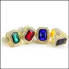 Solitaire ring Hoogwaardige heren Grote Ruby Sapphire Rings White Rhinestones 5 Colors Gem Stone Gold For Women Ladies Hip Hop Jewelr Otnl6