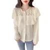 Women's Blouses Autumn Long Sleeve Shirt Lace Blouse Women Elegant Ruffle Stitching Hollow Out White Ladies Loose Sweet Tops Mujer 17471