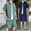 Men's Tracksuits Summer Korean Style Solid Color Set Clothing Teen Trend Harajuk Short Sleeve Shirt Knee-Length Pants Two-piece Su