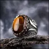 Anéis de casamento Vintage Brown Tiger Eye Stone Ring For Men Women Turkish Handmade Spiral Gravado Declaração Retro Band 1898 T2 Drop de Dhzt6