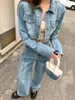 Women's Two Piece Pants Women Solid Full Sleeve Short Denim Jackets Wide Leg Jeans Suits Female Casual Loose 2 Pieces Sets 2023 Spring