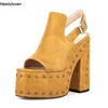 Heelslover Women Platform Sandaler Patted Chunky Heels Round Toe Pretty Yellow Party Shoes Plus oss storlek 5-10.5