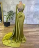 2023 Abiti da sera Green Olive Green Olive Sirenela senza manica illuso con perline Illuso illustrato Occasioni formali su misura indossare abiti da ballo arabo Vestidos