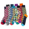 Men's Socks 2023 European American Fashion Dynamic Color National Tide Wild Men's Square Diamond Medium Long Tube Cotton 1 Pairs