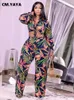 Dames plus size tracksuits cmyaya dames bloemen blad recht broeken pak en bowknot zoom lange mouw shirt modecurve twee 2 -delige set outfits 230130