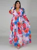 Robes de grande taille en mousseline de soie élégante taille dames col en V Maxi Boho bal décontracté à manches longues fête Vintage imprimé plage femmes 230130