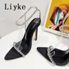 2023 New Sexy Pointed Toe Women's Sandals Fashion Cystal Rhinestone Chain Strap Summer High Heels Party Prom Shoes Silver 0129