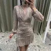 Casual Dresses Spring Summer French Bubble Sleeve Vneck Ljus veckad kvinnlig sexig Empire Midjeparty Dress Draped Metallic Lureex 230130