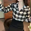 Bluzki damskie Geometria Plaid Office Blusas Vintage Tops Proste eleganckie kobiety szyfonowe bluzka luźna długie rękawowe koszule S9319