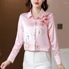 Chemisiers pour femmes Rose Floral Satin Soie Chemises Femmes Blouse Élégant Printemps Automne À Manches Longues Haut Bureau Dames Travail Chemise Femme Vêtements