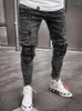 Mäns jeans Biker Men's Estressed Stretch Ripped Men Hip Hop Slim Fit Holes Punk Zipper Pure Color Denim Pants