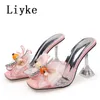 2023 Nytt mode 9 cm Clear Heels Slippers Pink Net Yarn Bowknot Summer Sandals Transparenta skor för kvinnor Mules Slides 0129