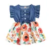 Vestidos de menina para criança vestido de verão elegante e elegante manga botão de jeans frontal tops floral tutu saia