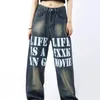 Men's Jeans Y2K American Vintage Black Trousers Gothic Straight Leg Wide Street Print Letters Hip-hop Ins Loose Pants