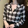 Bluzki damskie Geometria Plaid Office Blusas Vintage Tops Proste eleganckie kobiety szyfonowe bluzka luźna długie rękawowe koszule S9319