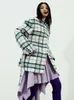 Womens Wool Blends EAM Loose Fit Light Purple Plaid Big Size Woolen Coat Parkas Long Sleeve Women Fashion Autumn Winter 2023 1DF4227 230114