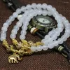 Strand Natural Stone Chalcedony White Jades Round Beads Gold-color Accessories Multilayer Bracelets For Women 6mm Elastic Jewelry B2205