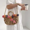 Storage Bags Handmade Rattan Woven Straw Crossbody Bag Summer Beach Women Messenger Shoulder Girl Handbag With Colorful Balls